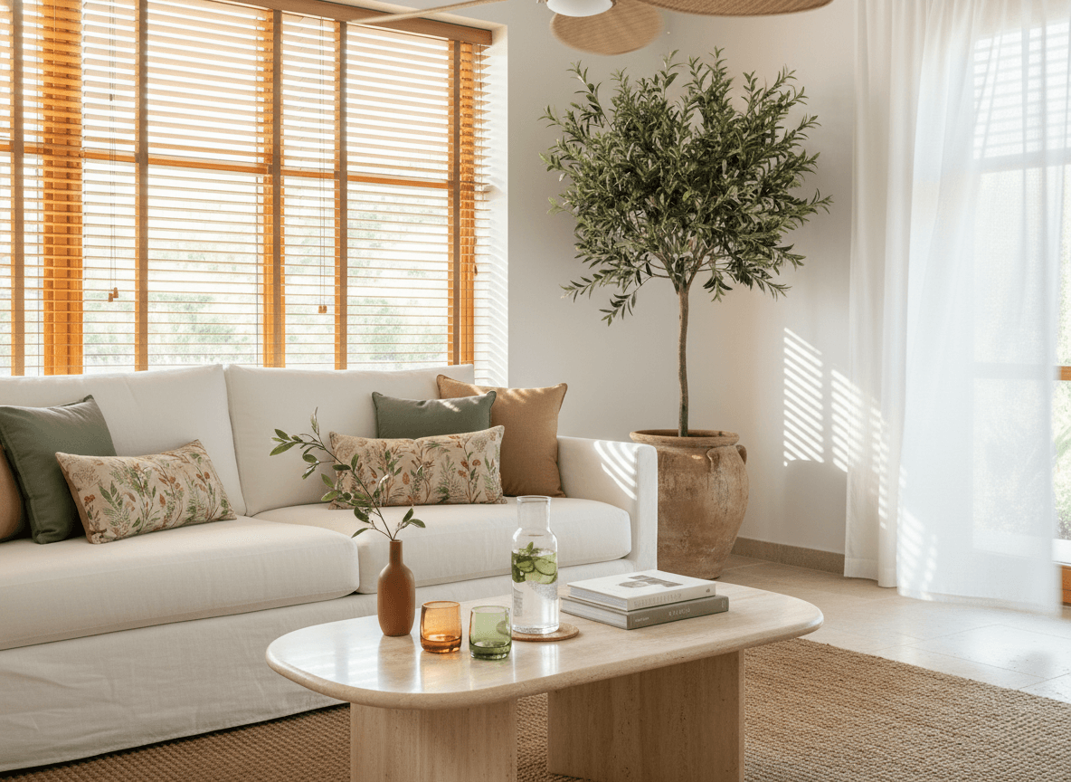 Cap sur la Déco - Au frais chez soi cet été - Salon clair et chaleureux, lumineux et ombragé