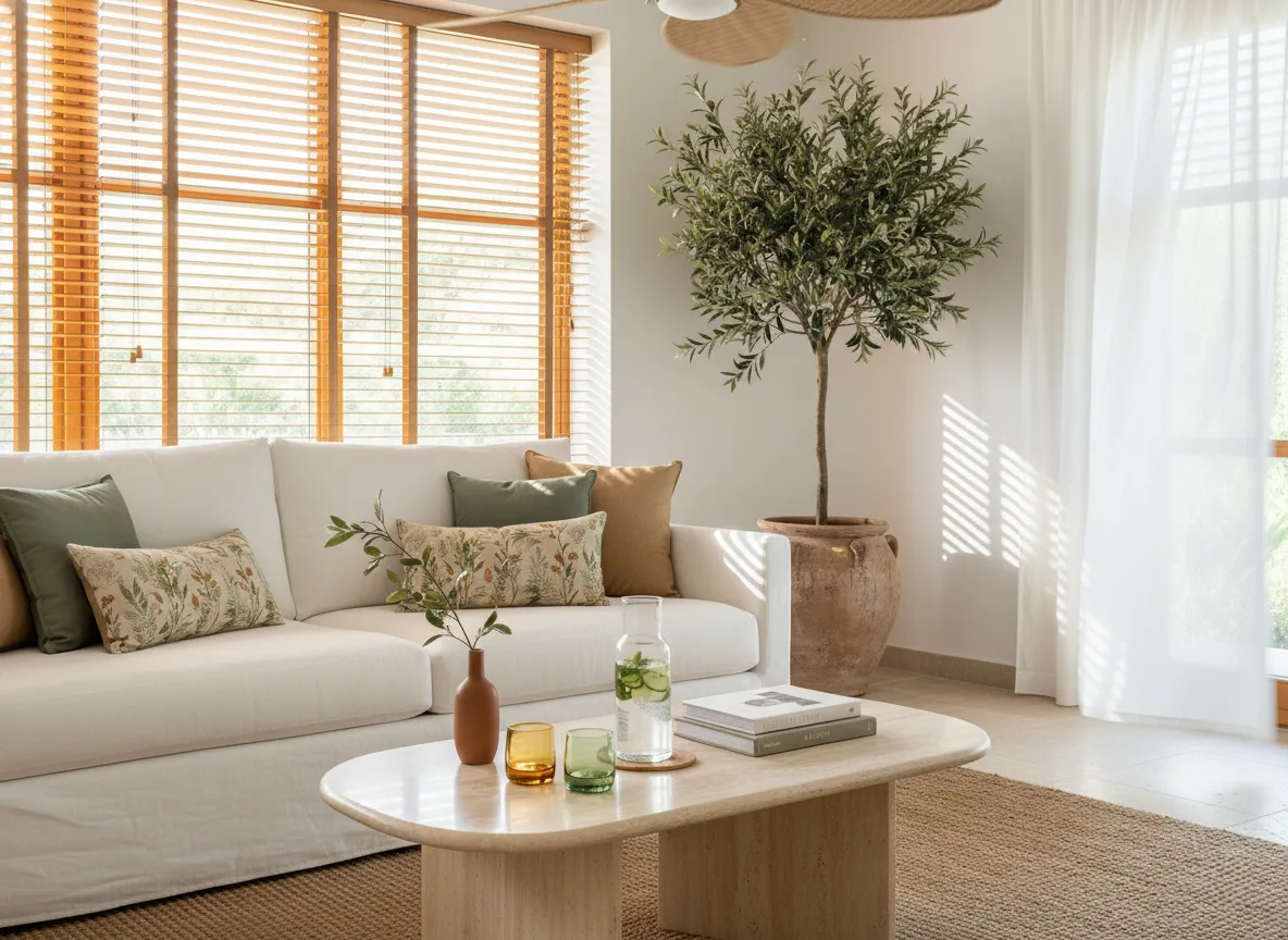 Cap sur la Déco - Au frais chez soi cet été - Salon clair et chaleureux, lumineux et ombragé
