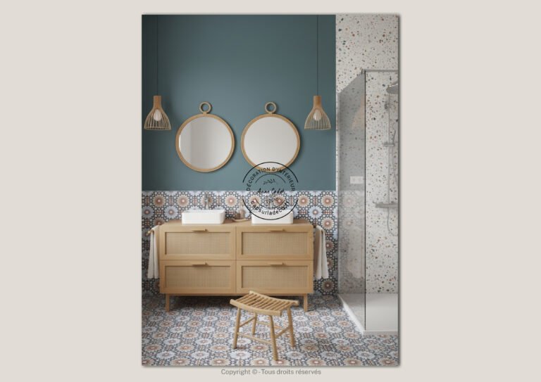 Salle de bain douce et colorée de style Bohème - Anne Cadet Décoration d'Intérieur - Cap sur la Déco !