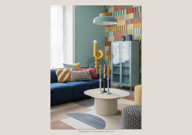 Salon chaleureux et gai de style Memphis - Anne Cadet Décoration d'Intérieur - Cap sur la Déco !