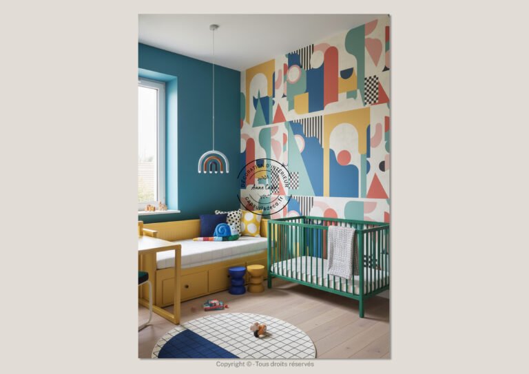 Chambre d'enfant joyeuse et colorée de style Memphis - Anne Cadet Décoration d'Intérieur - Cap sur la Déco !