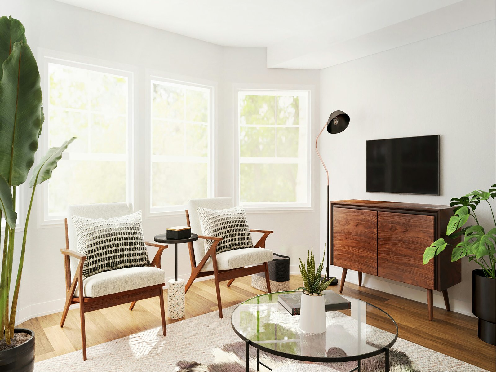 Cap sur la Déco - Décorer son appartement en location - Salon aux murs blanc, mobilier bois, plantes vertes